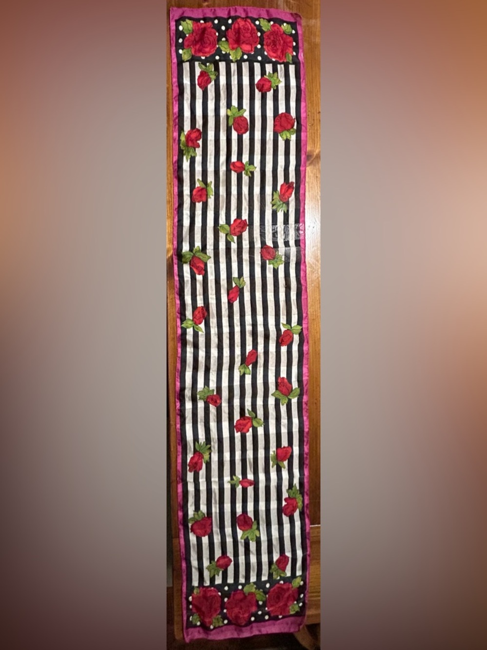Black & White Striped Scarf with Red Rose Print
